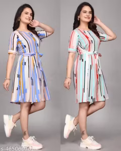 Women 2 Piece Printed Crepe Round Neck Casual Wear Western Dress