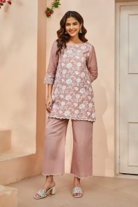 Antique Rose Polyester Blend Straight Kurta Set